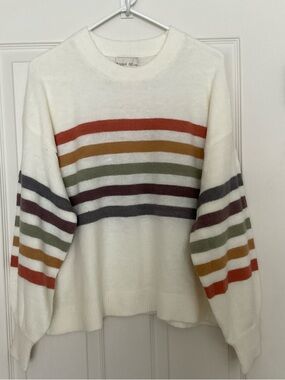 Ivory Crewneck Sweater with Autumn Stripe Detail